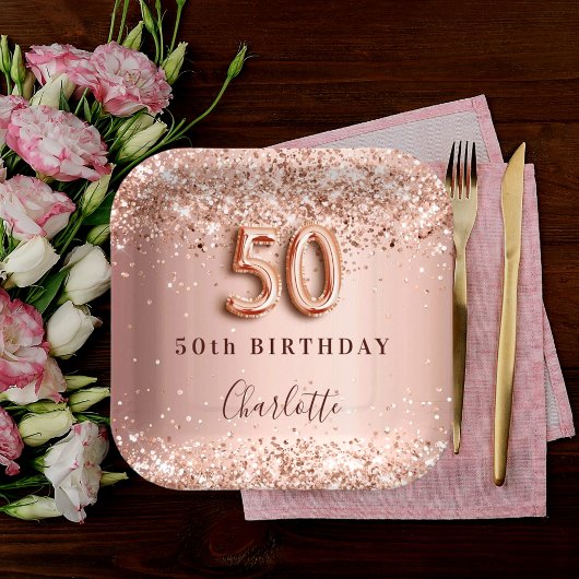 Assiettes En Carton 50e anniversaire rose or blush nom de parties scin