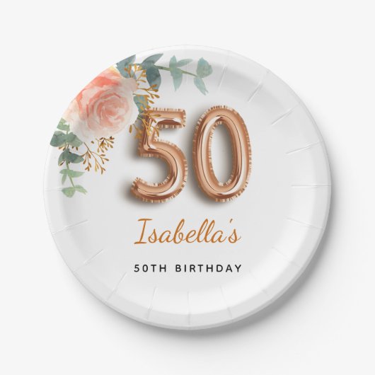 Assiettes En Carton 50e anniversaire rose or floral eucalyptus élégant (Devant)