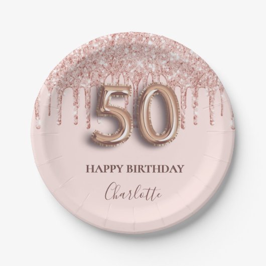 Assiettes En Carton 50e anniversaire rose or parties scintillant rose (Devant)