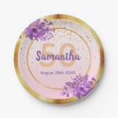 Assiettes En Carton 50e anniversaire rose or pirple florals nom (Devant)