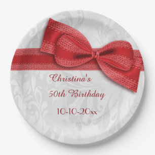 Assiettes En Carton 50e Anniversaire Rouge Damassé et Nœud Papillon Fa