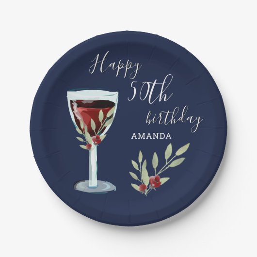 Assiettes En Carton 50e anniversaire Vin rouge Rose Aquarelle Marine B (Devant)
