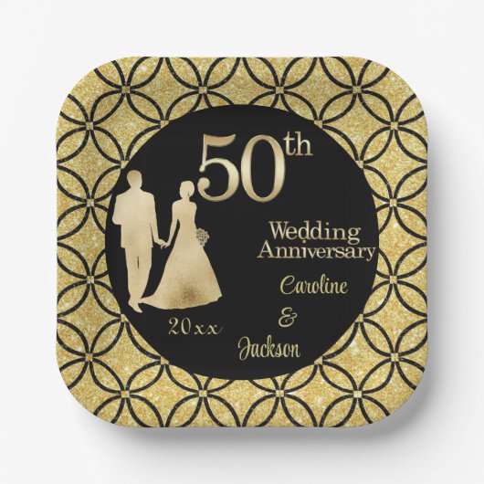Assiettes En Carton 50e Couple d'or Parties scintillant Mariage Annive (Recto)