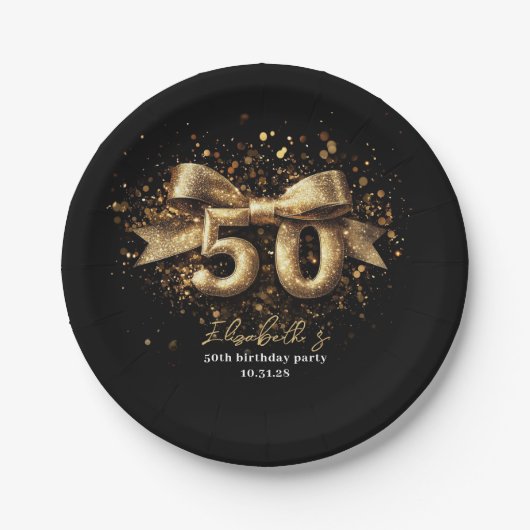 Assiettes En Carton 50e fête d'anniversaire moderne Noir et Or (Devant)