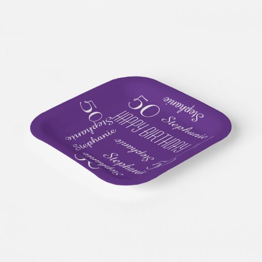 Assiettes En Carton 50e fête d'anniversaire répétée Nom Carré pourpre (Angulaire)
