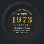 Assiettes En Carton 50th Birthday Born 1973 Ajouter Nom Black Gold<br><div class="desc">Anniversaire personnalisé ajoutez votre nom et plaque de papier de l'année. Modifiez le nom et l'année avec le modèle fourni. Un merveilleux accessoire de fête d'anniversaire personnalisé. Plus de cadeaux et de fournitures de fête disponibles avec le design "normes de fixation" dans le magasin.</div>