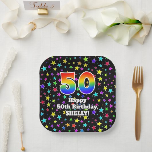 Assiettes En Carton 50th Birthday: Fun Stars Pattern and Rainbow “50” (Mariage)
