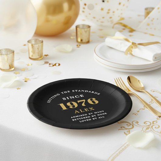 Assiettes En Carton 50th Birthday Name 1976 Black Gold Elegant Chic