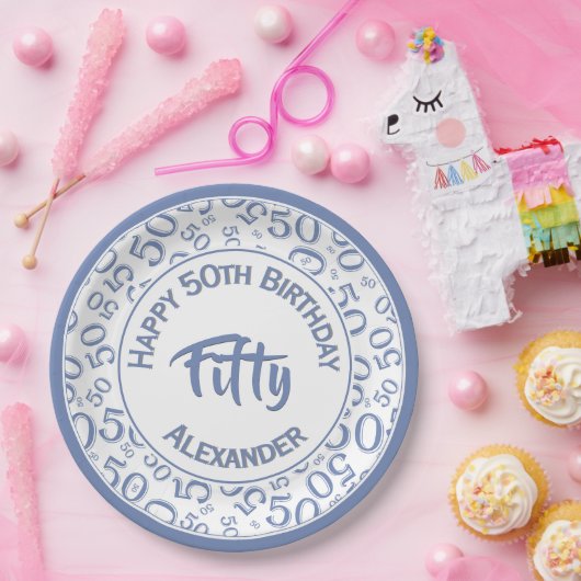 Assiettes En Carton 50th Birthday Party Numéro Motif Bleu/Blanc 50 (Fête)