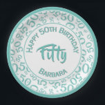 Assiettes En Carton 50th Birthday Party Numéro Motif Turquoise/blanc 5<br><div class="desc">Utilisez le modèle de texte fourni pour personnaliser la conception numérique. Ce graphique sur la colline a un motif de nombres aléatoires turquoise et blanc avec le numéro de jalon 50 répété dans des tailles et angles variés pour une impression tout-en-haut. Il y a un cercle blanc au centre de...</div>
