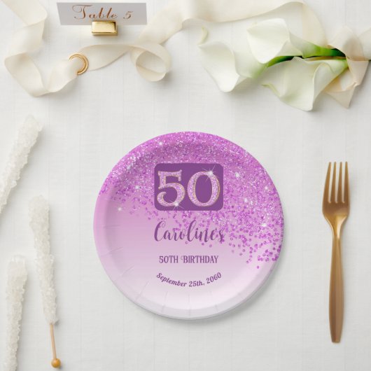 Assiettes En Carton 50th Birthday Party Sparkle Pink Glitter (Mariage)