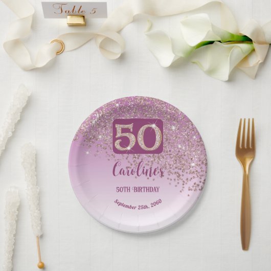 Assiettes En Carton 50th Birthday Party Sparkle Rose Gold Glitter (Mariage)