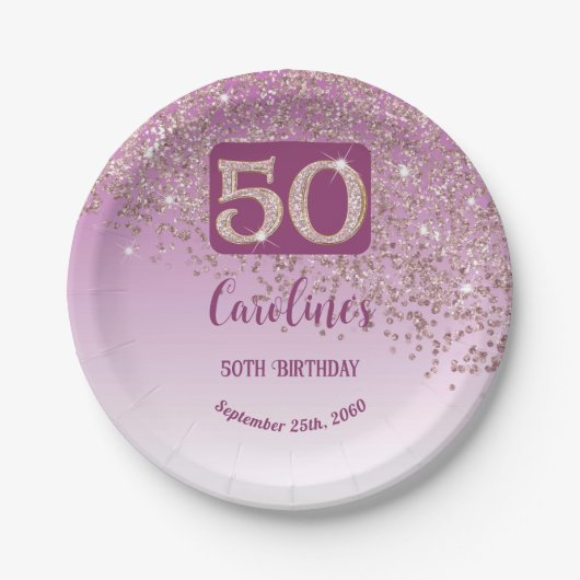 Assiettes En Carton 50th Birthday Party Sparkle Rose Gold Glitter (Devant)