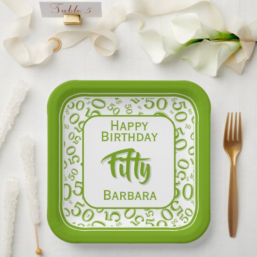 Assiettes En Carton 50th Party Random Number Pattern Green/White (Mariage)
