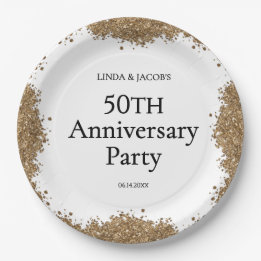 Assiettes En Carton 50th Wedding Anniversary Gold Faux Glitter 