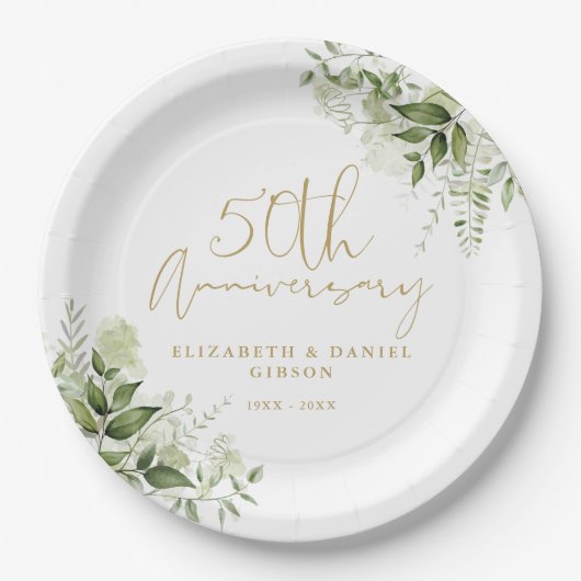 Assiettes En Carton 50th Wedding Anniversary Greenery Gold Script (Devant)