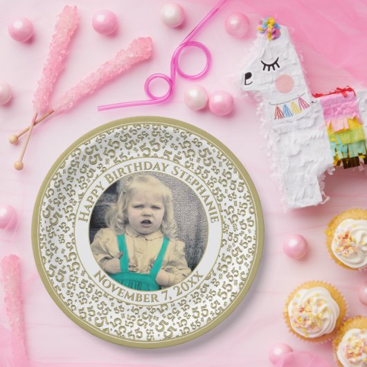 Assiettes En Carton 55 Your Photo Random Number Pattern Gold/White (Fête)