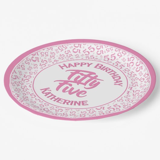 Assiettes En Carton 55e anniversaire Cool Numéro Motif rose/blanc (Angle)
