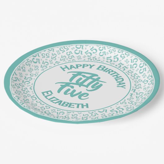 Assiettes En Carton 55e anniversaire Cool Numéro Motif Turquoise/blanc (Angle)