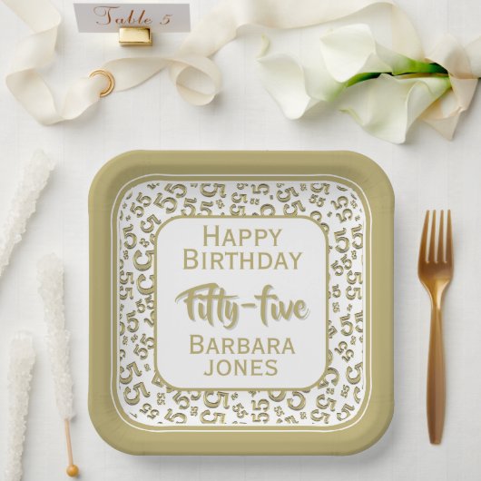 Assiettes En Carton 55th Party Random Number Pattern Gold/White (Mariage)