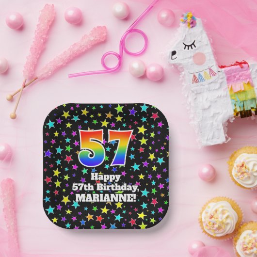 Assiettes En Carton 57th Birthday: Fun Stars Pattern and Rainbow “57” (Fête)