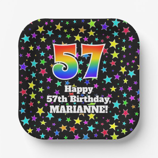 Assiettes En Carton 57th Birthday: Fun Stars Pattern and Rainbow “57” (Recto)