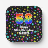 Assiettes En Carton 58e anniversaire : Fun Stars Motif et Rainbow "58" (Recto)
