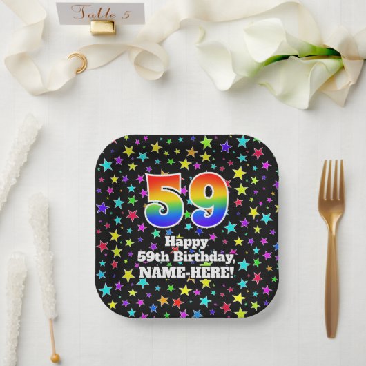 Assiettes En Carton 59e anniversaire : Fun Stars Motif et Rainbow "59" (Mariage)