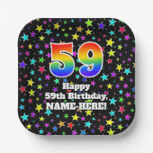 Assiettes En Carton 59e anniversaire : Fun Stars Motif et Rainbow "59" (Recto)