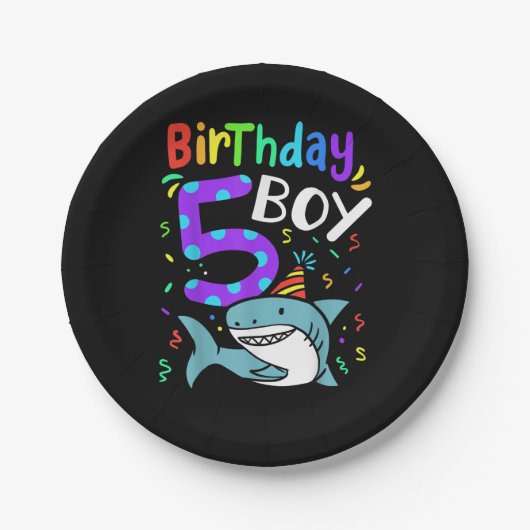 Assiettes En Carton 5e anniversaire Cinq ans, Cadeaux de requin (Devant)