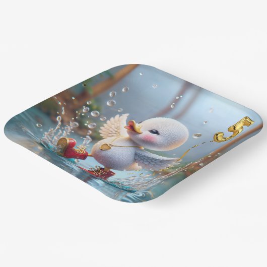 Assiettes En Carton 5e anniversaire Duck Dancing In the Rain Puddle (Angulaire)