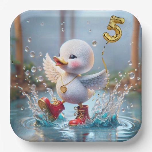 Assiettes En Carton 5e anniversaire Duck Dancing In the Rain Puddle (Recto)