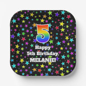 Assiettes En Carton 5e anniversaire : Fun Stars Motif et Rainbow "5" (Recto)