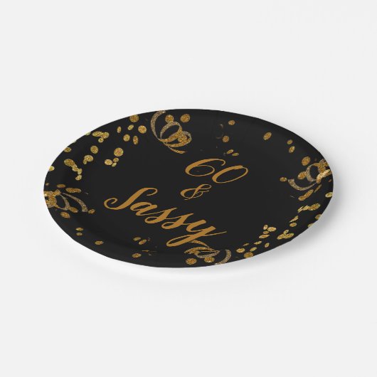 Assiettes En Carton 60 et Sassy 60e anniversaire Noir | Or Faux (Angle)