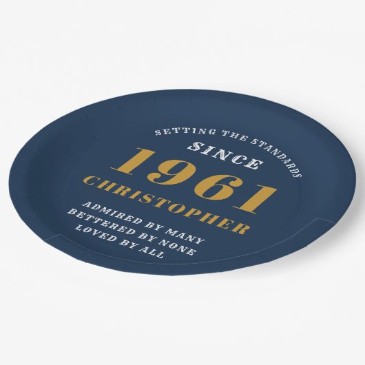 Assiettes En Carton 60e Anniversaire 1961 Or Bleu pour lui Personnalis (Angle)