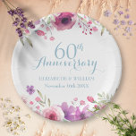 Assiettes En Carton 60e anniversaire Aquarelle Rose verdure<br><div class="desc">Les roses de jardin de campagne Watercolor sont assis au-dessus et au-dessous de vos informations personnalisées spéciales diamant anniversaire en lettres chic. Conçu par Thisisnotme©</div>