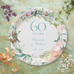 Assiettes En Carton 60e anniversaire de diamant Mariage Floral Rose