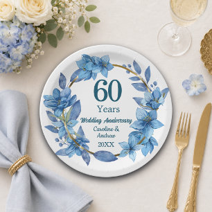 Assiettes En Carton 60e Anniversaire de Mariage Diamant Fleur Bleue