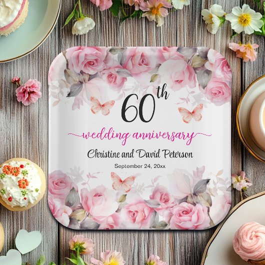 Assiettes En Carton 60e anniversaire de Mariage Elegant Blush Roses