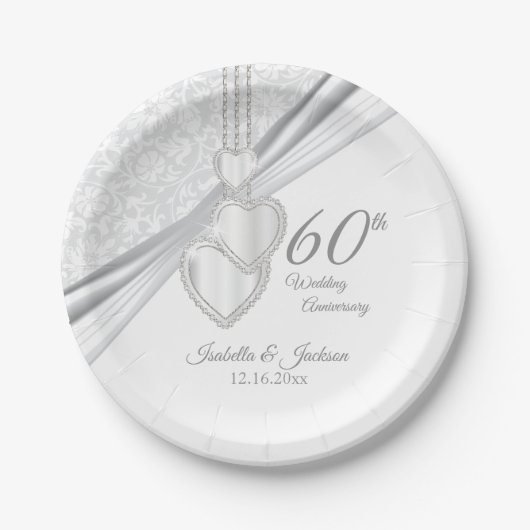 Assiettes En Carton 60e anniversaire du Mariage Diamond sur Blanc (Devant)