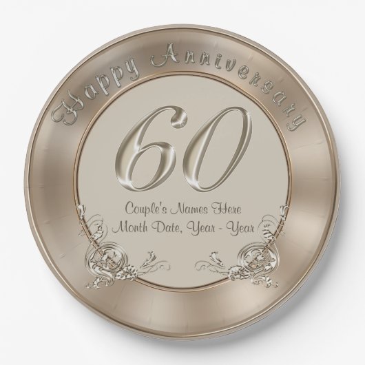 Assiettes En Carton 60e anniversaire du Mariage Plaques avec NOMS, DAT (Devant)