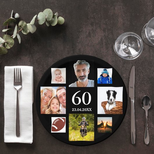 Assiettes En Carton 60e anniversaire fête noir photo collage hommes ga