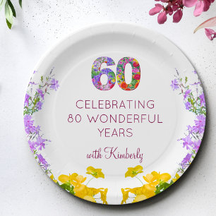Assiettes En Carton 60e anniversaire floral moderne 60 ans fête élégan
