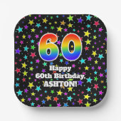 Assiettes En Carton 60e anniversaire : Fun Stars Motif et Rainbow "60" (Recto)