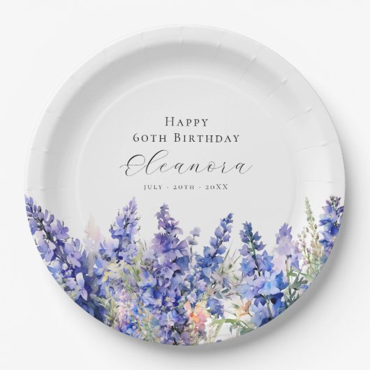 Assiettes En Carton 60e anniversaire Juillet Fleur de naissance Larksp (Devant)