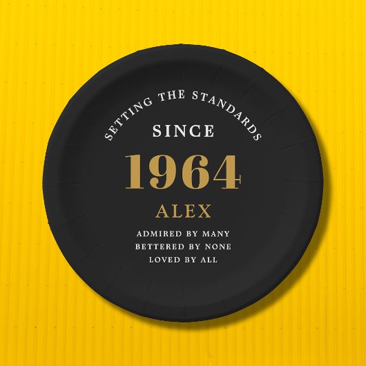 Assiettes En Carton 60e anniversaire Nom 1964 Black Gold Elegant Chic