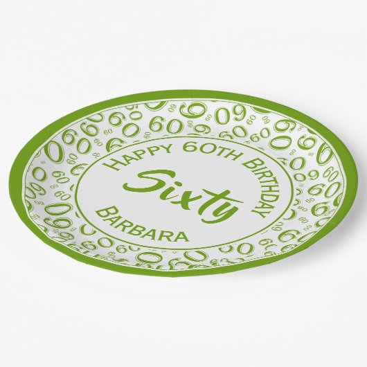 Assiettes En Carton 60e anniversaire Numéro de fête Motif Vert/Blanc (Angle)