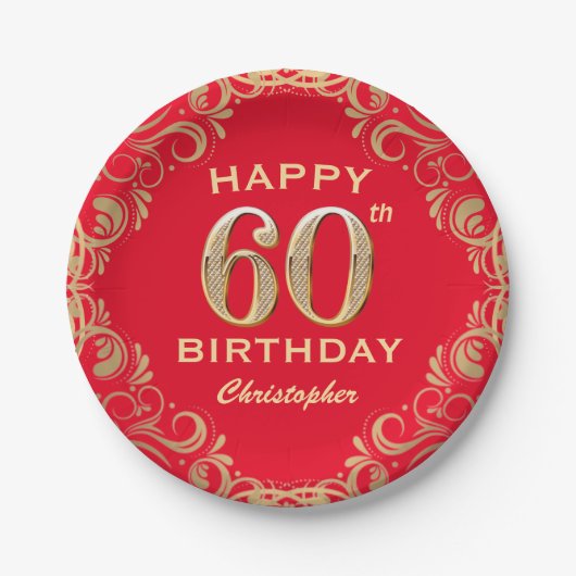 Assiettes En Carton 60e anniversaire Parties scintillant rouge et or c (Devant)