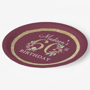 Assiettes En Carton 60e anniversaire Personnalisé Burgundy Gold
