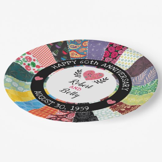 Assiettes En Carton 60e anniversaire personnalisé, Patchwork Quilt (Angle)